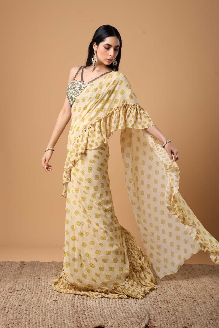 Yellow butti  print ruffle sari set - Image 3