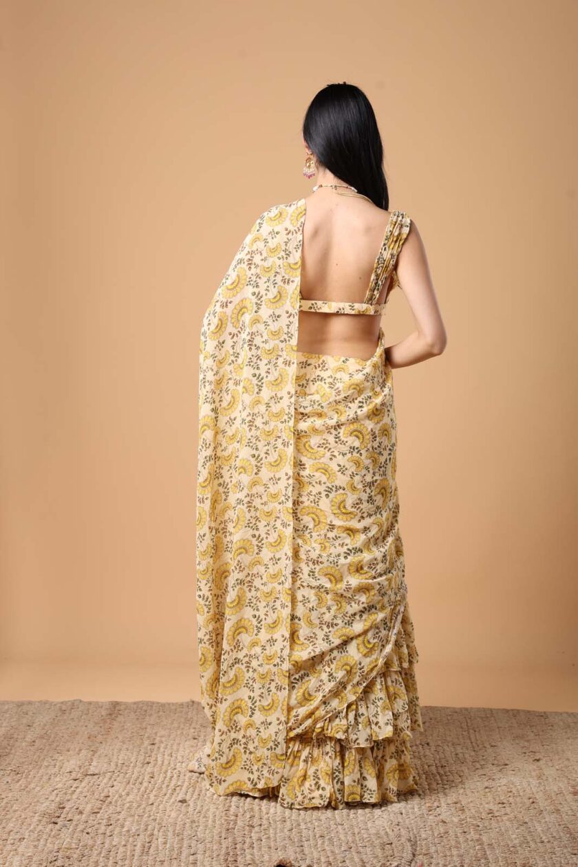 Yellow fanflower print ruffle sari set - Image 4