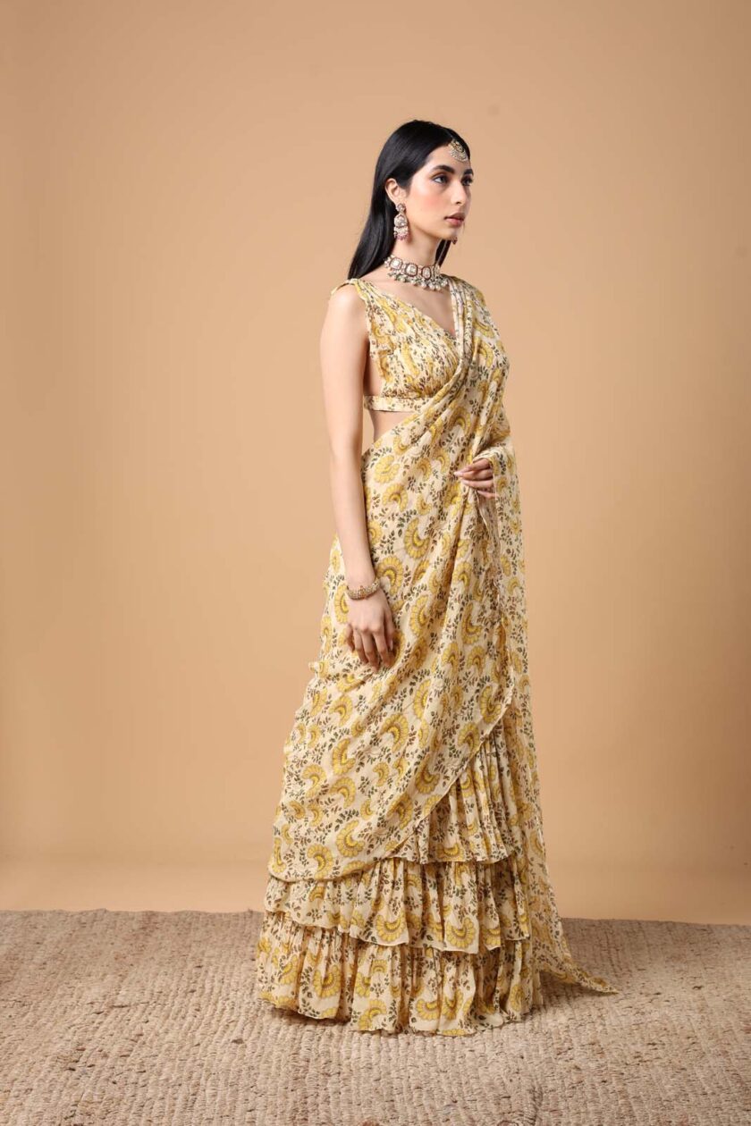 Yellow fanflower print ruffle sari set - Image 3