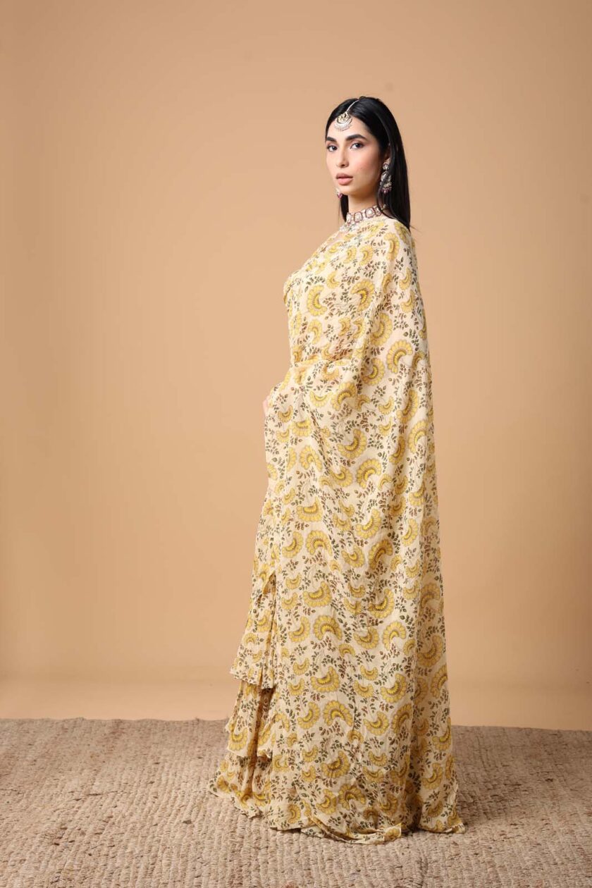 Yellow fanflower print ruffle sari set - Image 2