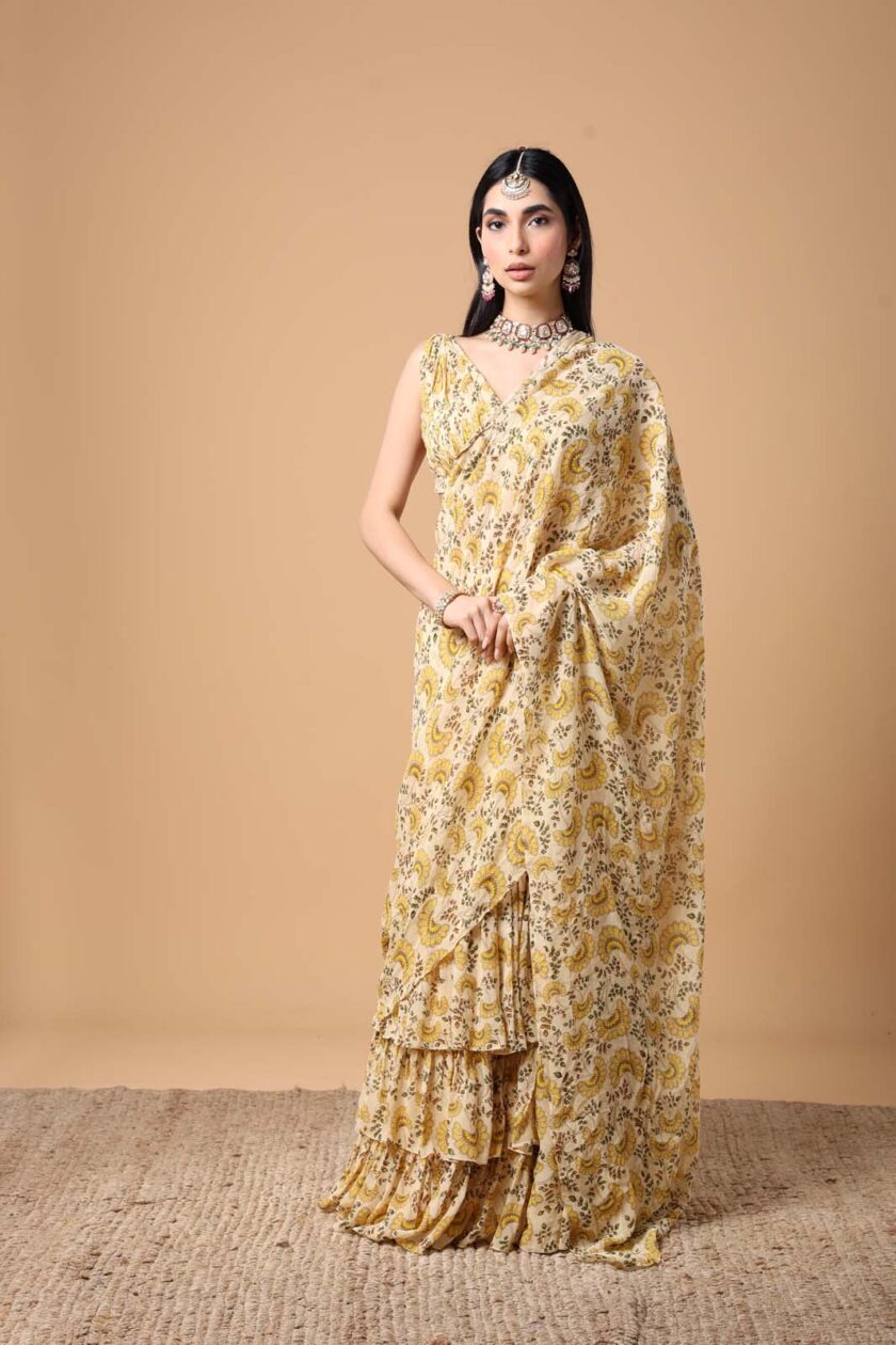 Yellow fanflower print ruffle sari set