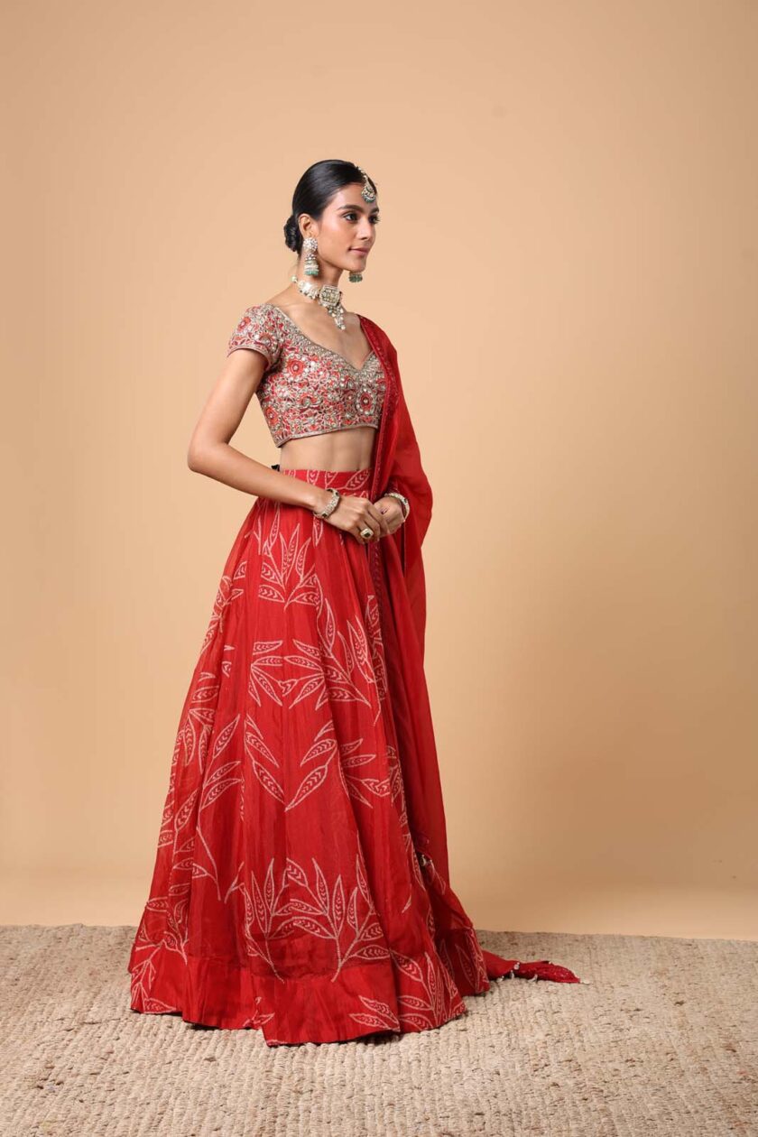 Red leaf print organza lehenga set - Image 3