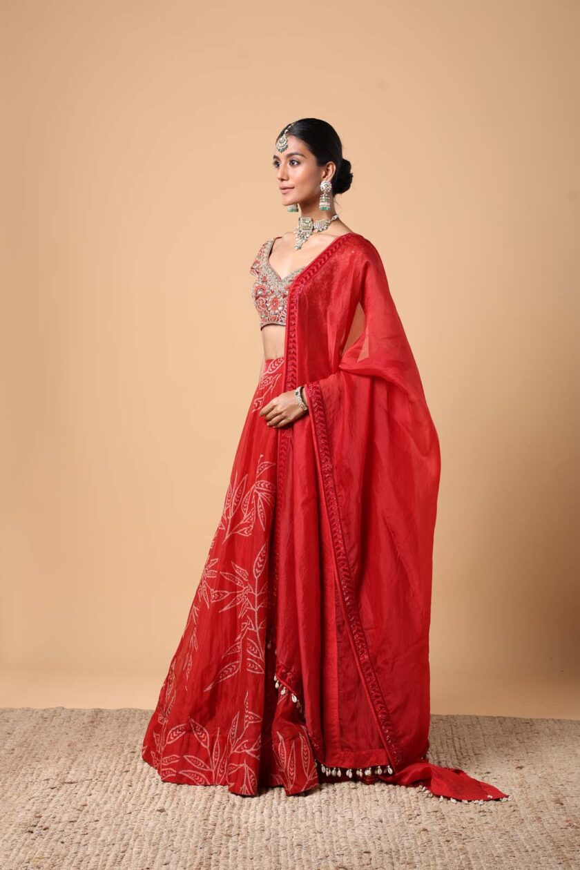 Red leaf print organza lehenga set - Image 2