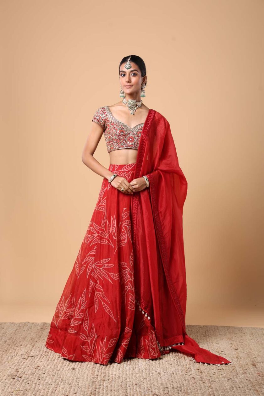 Red leaf print organza lehenga set