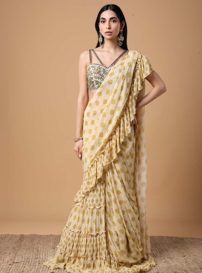 Yellow butti  print ruffle sari set