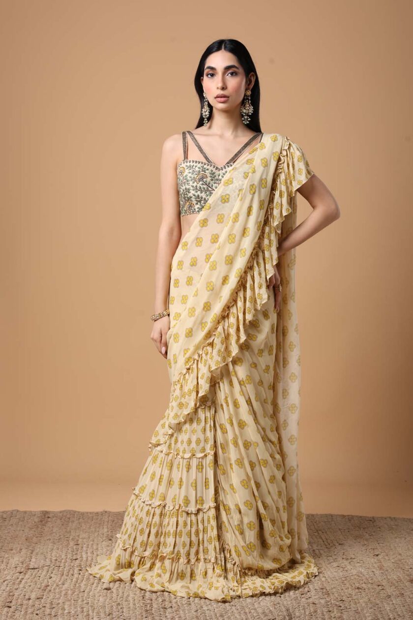 Yellow butti  print ruffle sari set