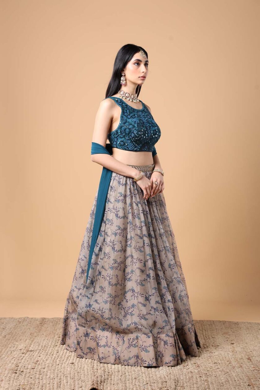 Mother of pearl & teal organza lehenga set - Image 3