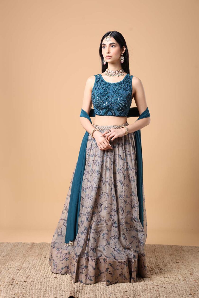 Mother of pearl & teal organza lehenga set - Image 2