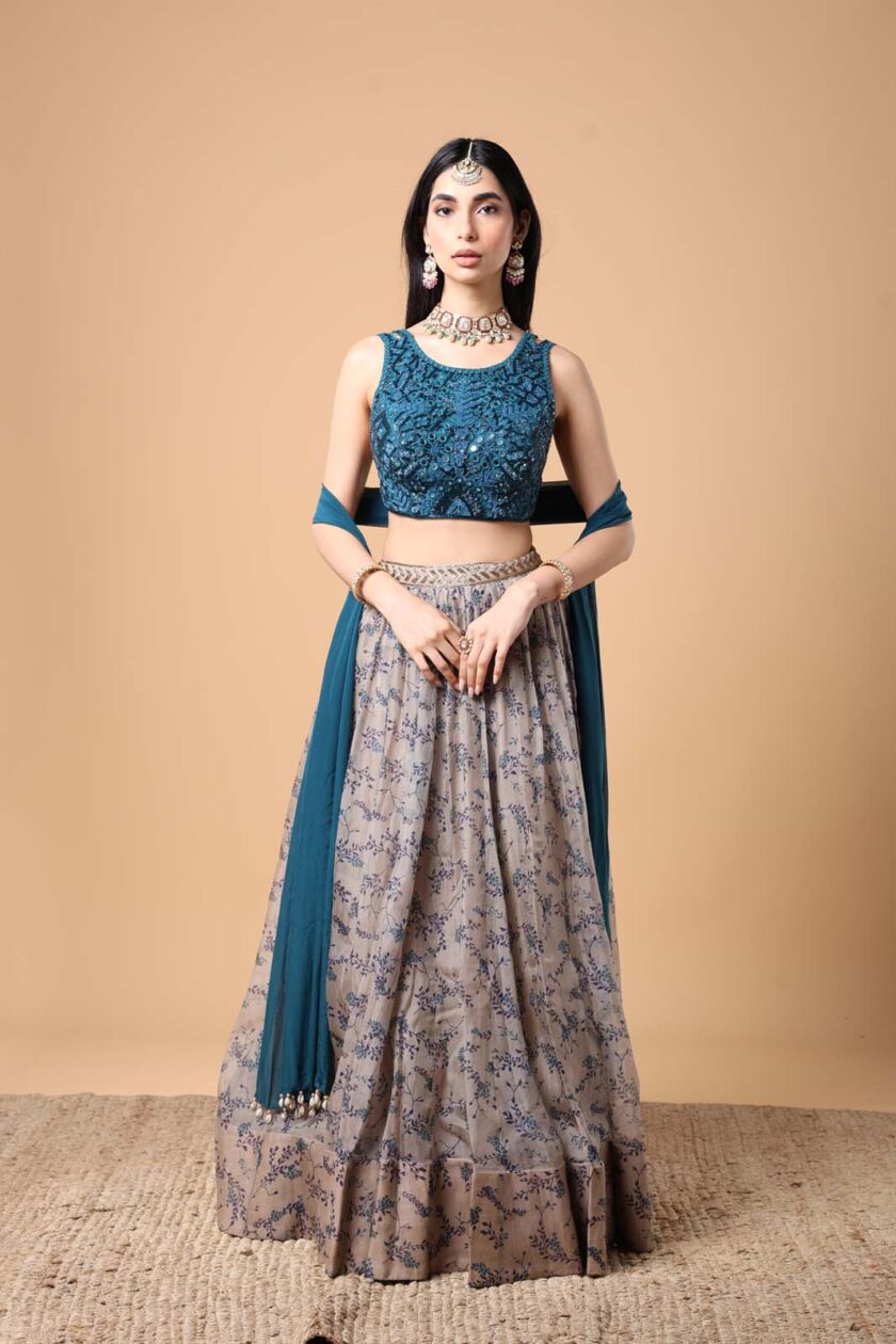 Mother of pearl & teal organza lehenga set