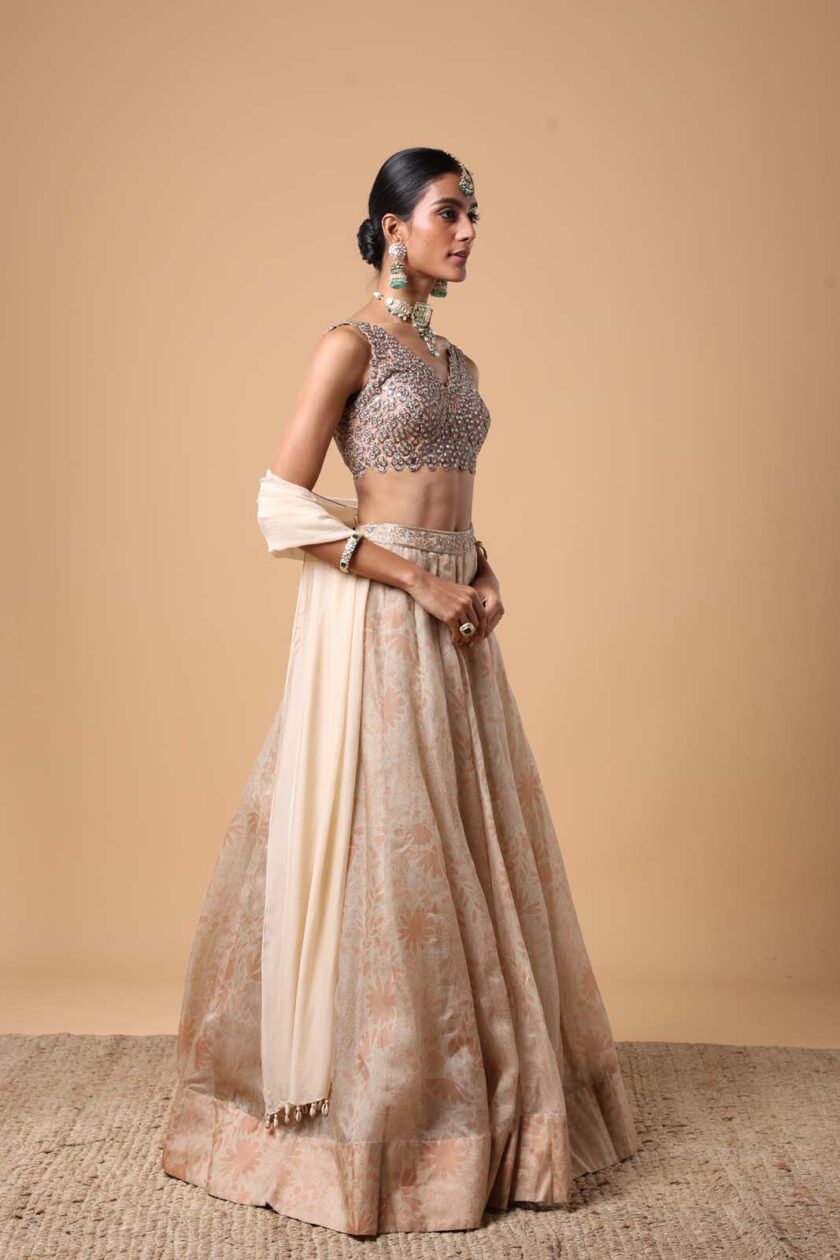 Sand organza hand embroidered lehenga set - Image 3