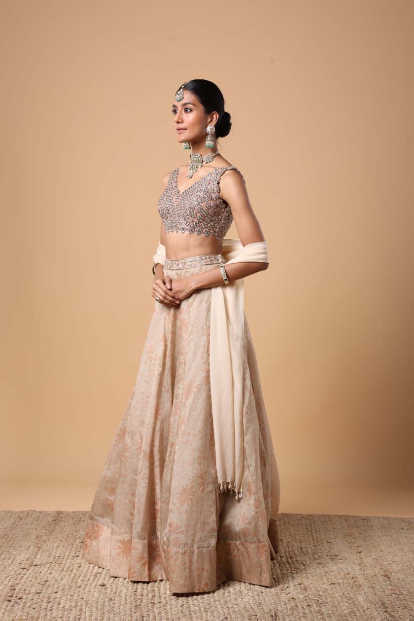 Sand organza hand embroidered lehenga set - Image 2