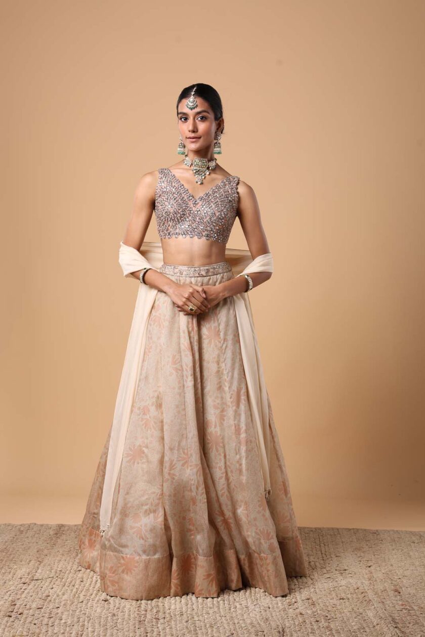 Sand organza hand embroidered lehenga set