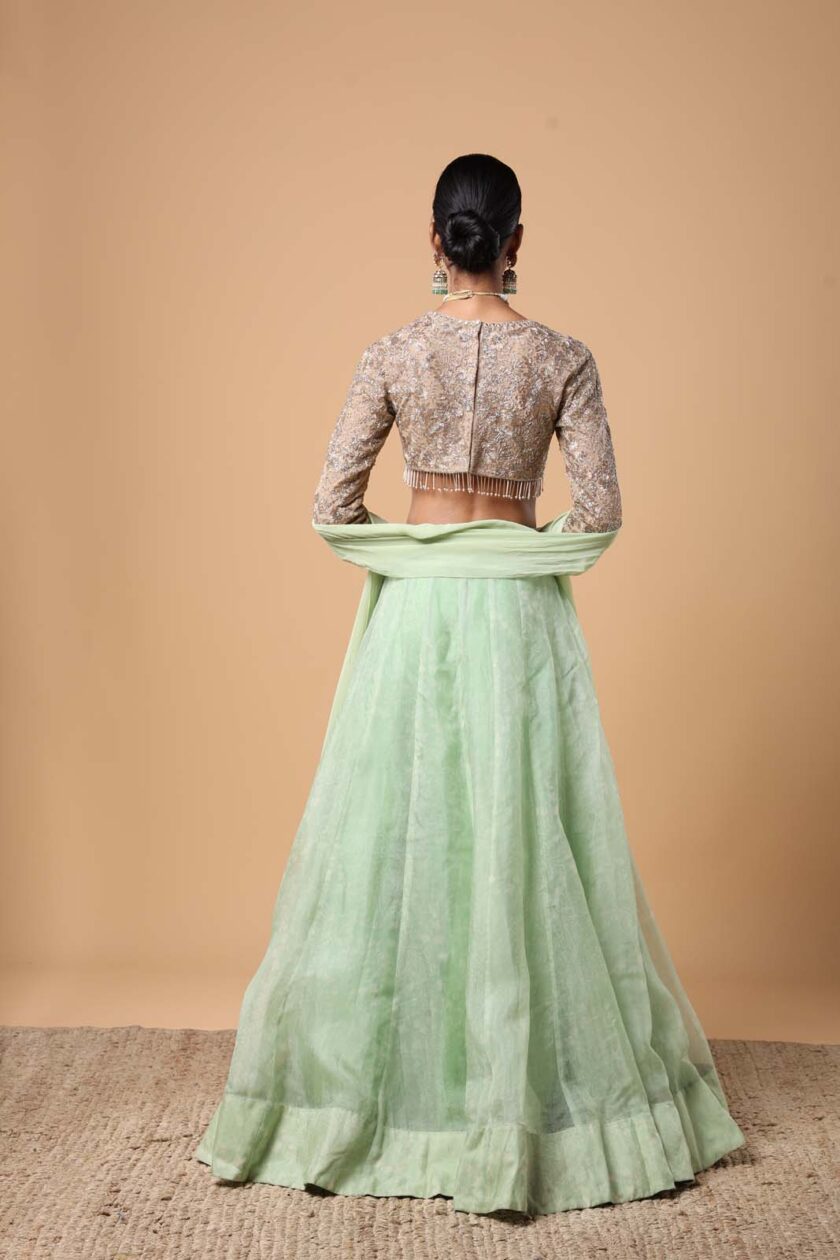 Mint green printed organza lehenga set - Image 4