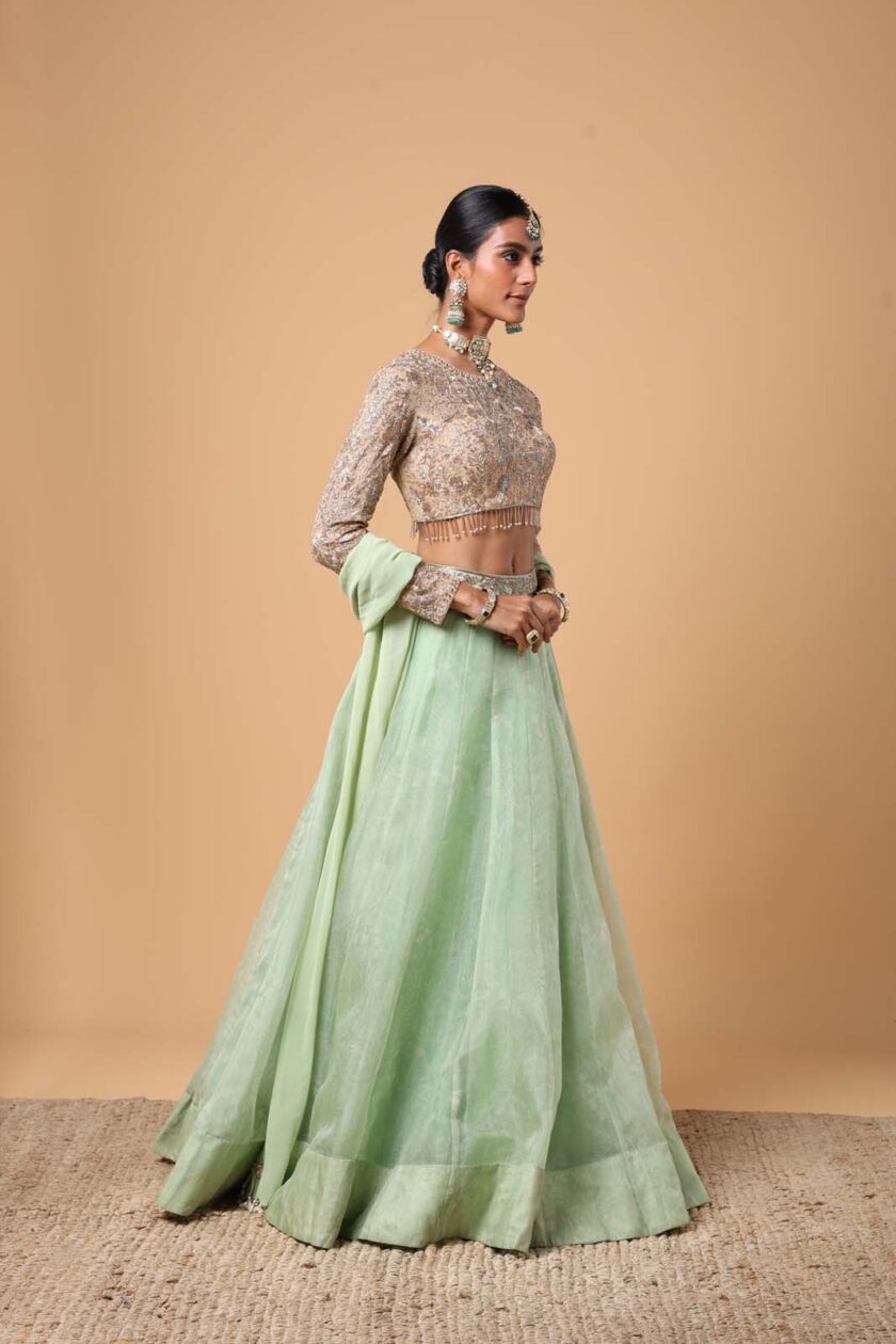 Mint green printed organza lehenga set - Image 3