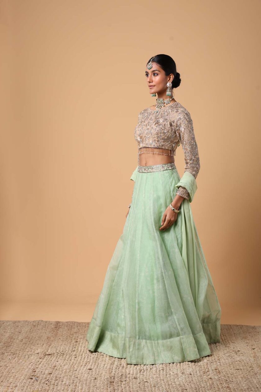 Mint green printed organza lehenga set - Image 2