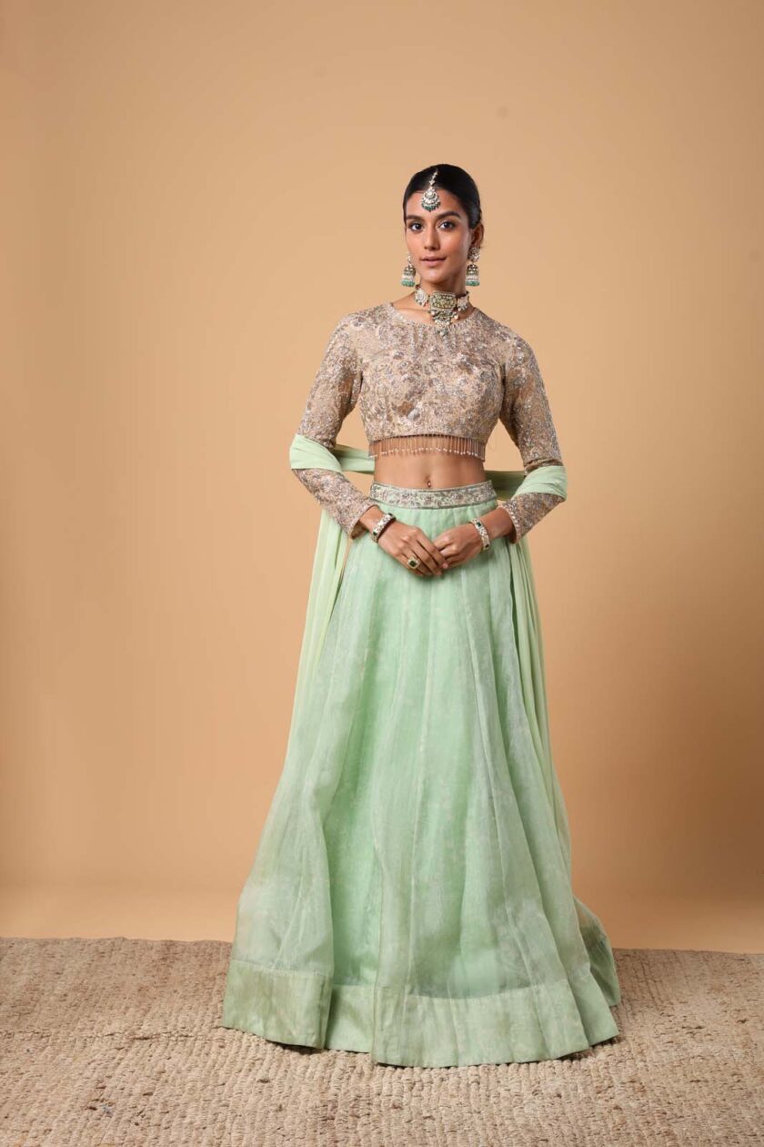 Mint green printed organza lehenga set