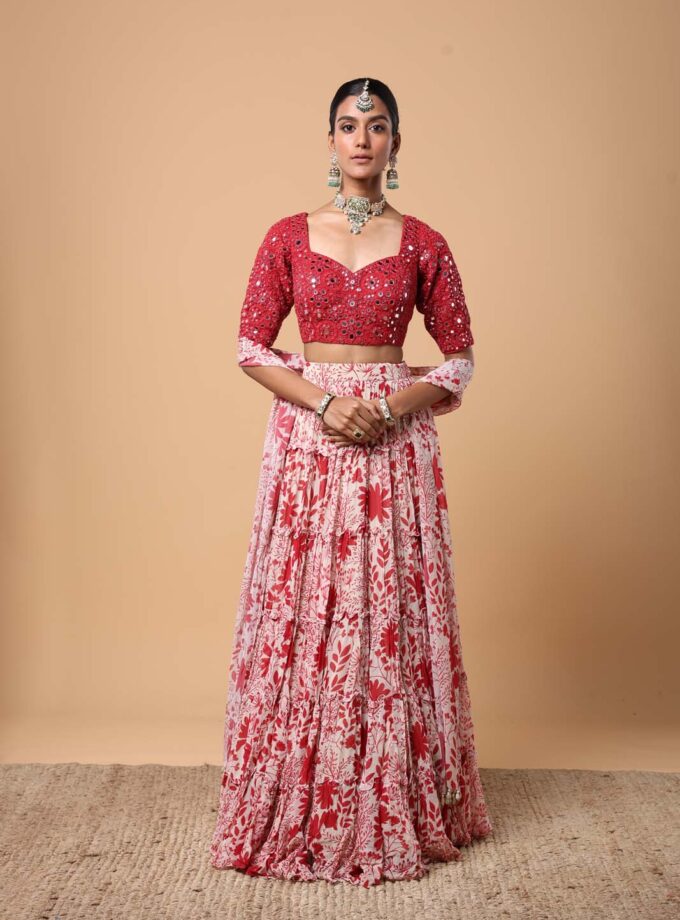 Sand and red garden print tiered lehenga set