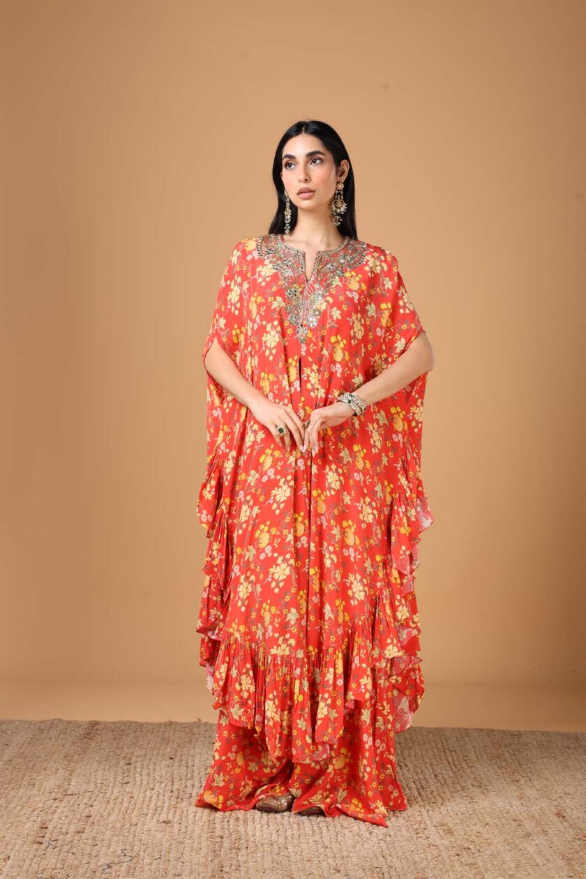 Sindoori floral printed hand embroidered cape set