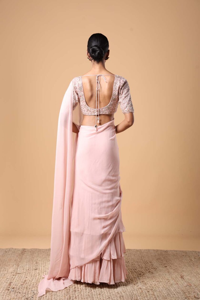 Dust pink solid  ruffle sari set - Image 4