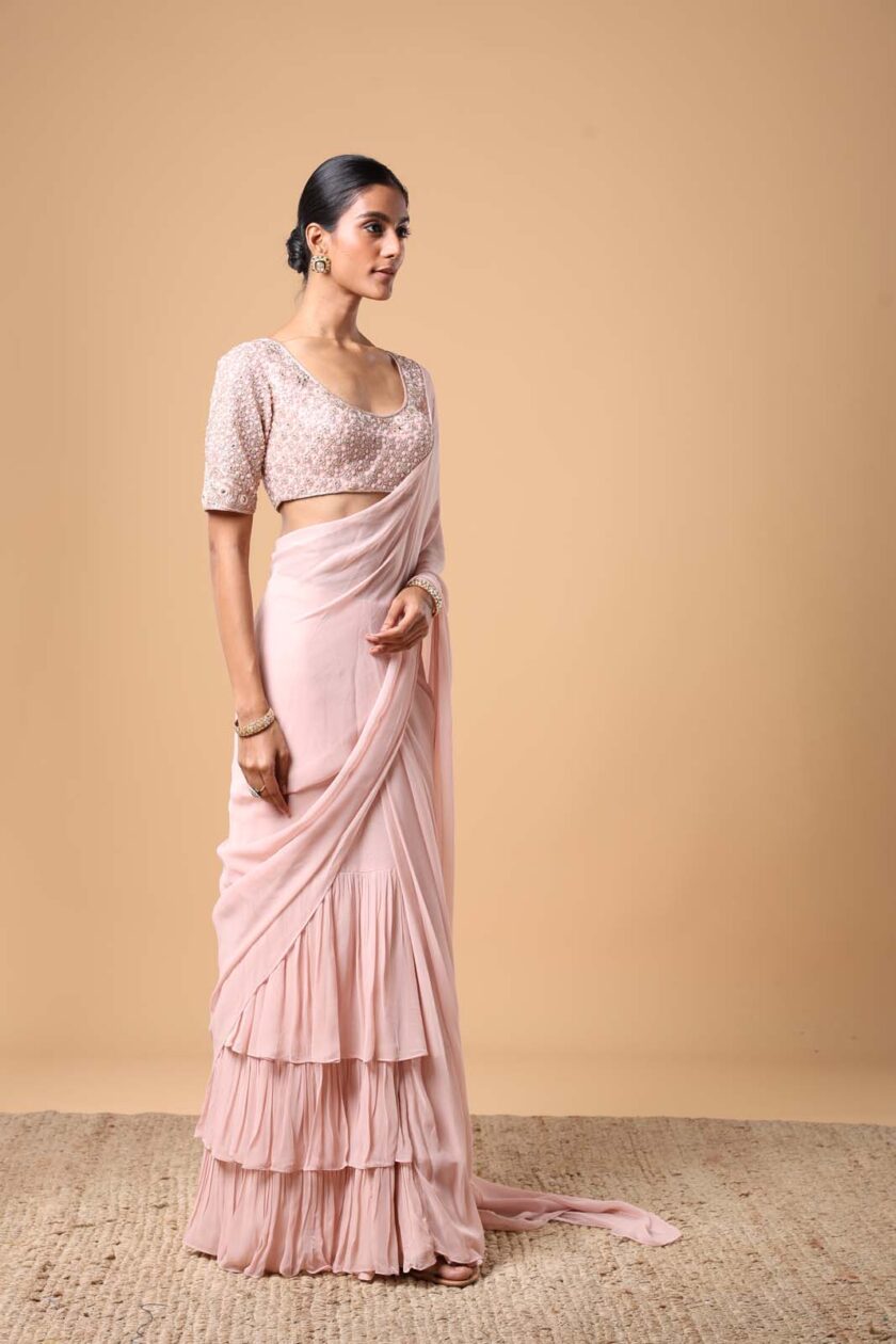 Dust pink solid  ruffle sari set - Image 3