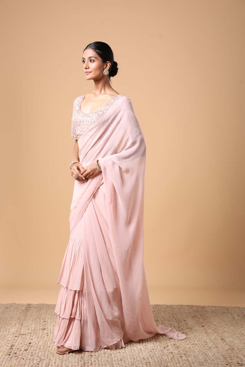 Dust pink solid  ruffle sari set - Image 2