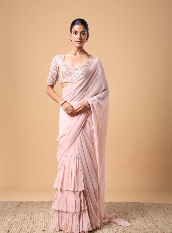 Dust pink solid  ruffle sari set