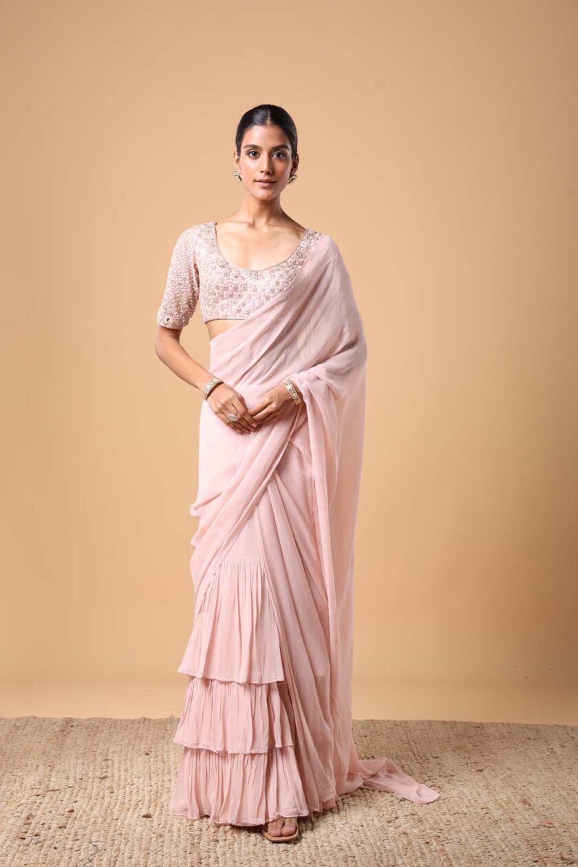 Dust pink solid  ruffle sari set