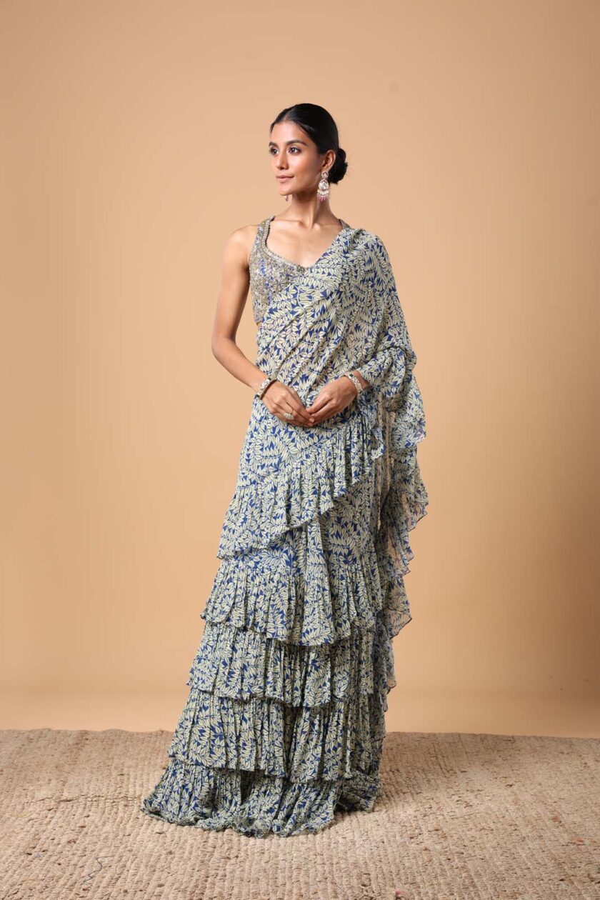 Blue fire print ruffle sari set