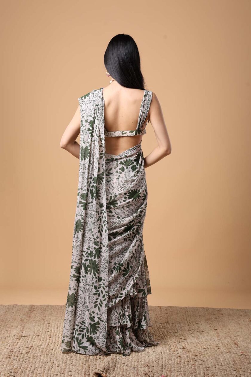 Sand & green garden print ruffle sari set - Image 4