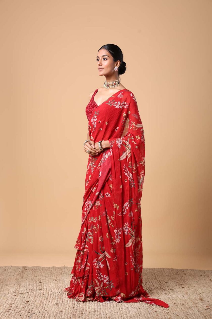 Red floral print ruffle sari set - Image 2