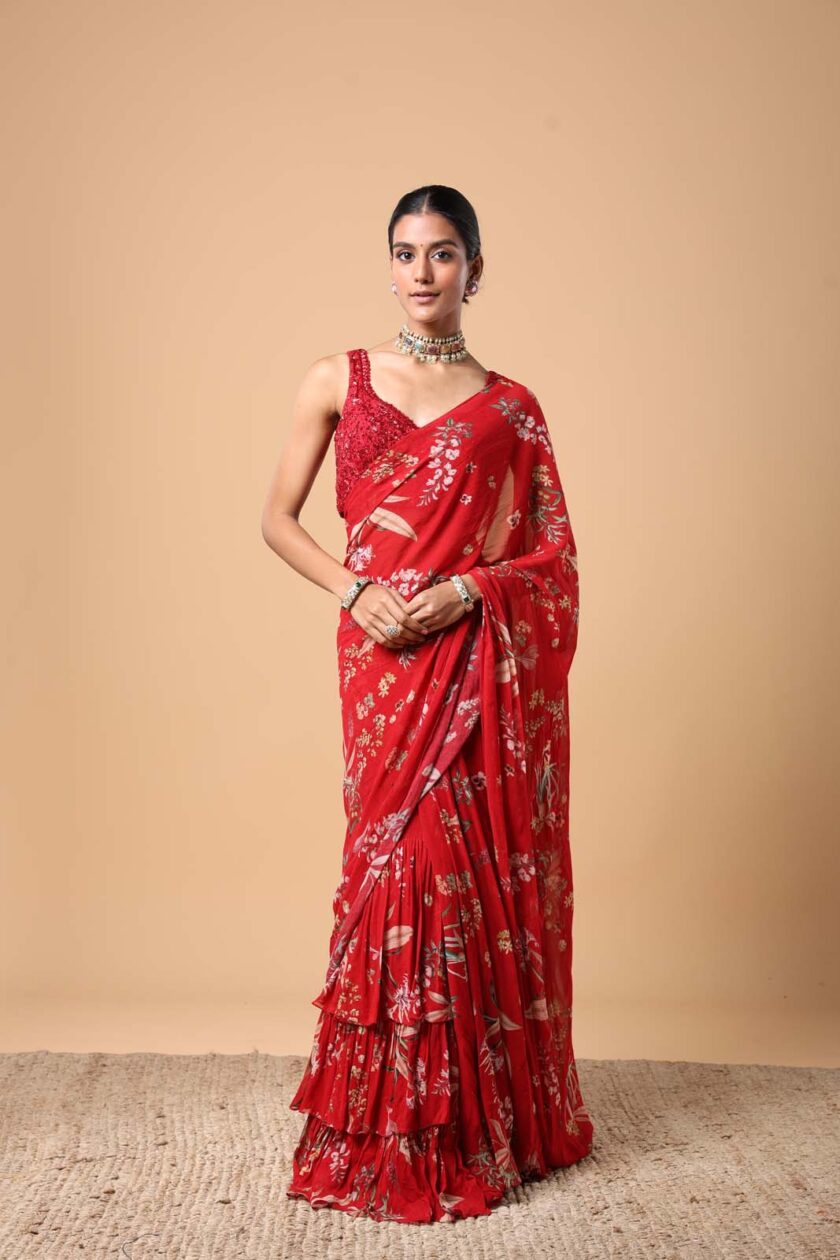 Red floral print ruffle sari set