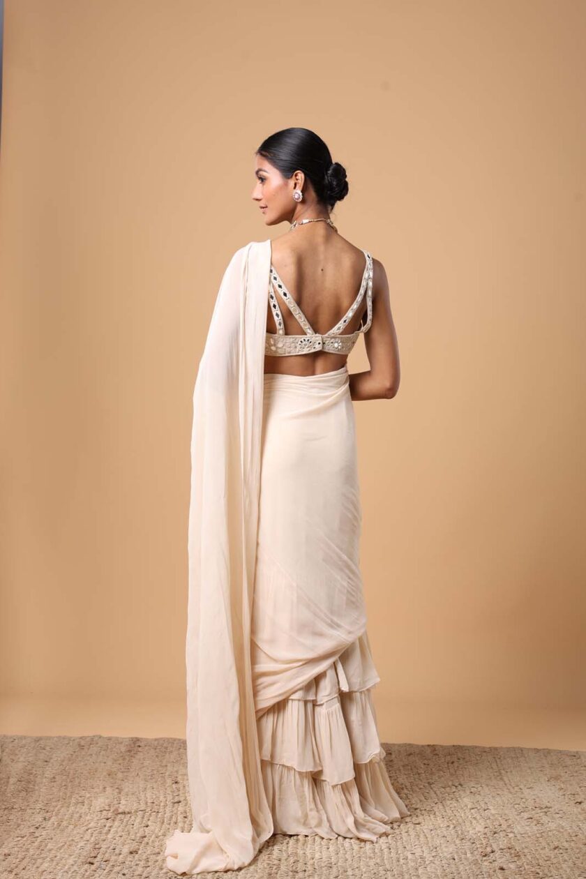 Coconut solid ruffle sari set - Image 5