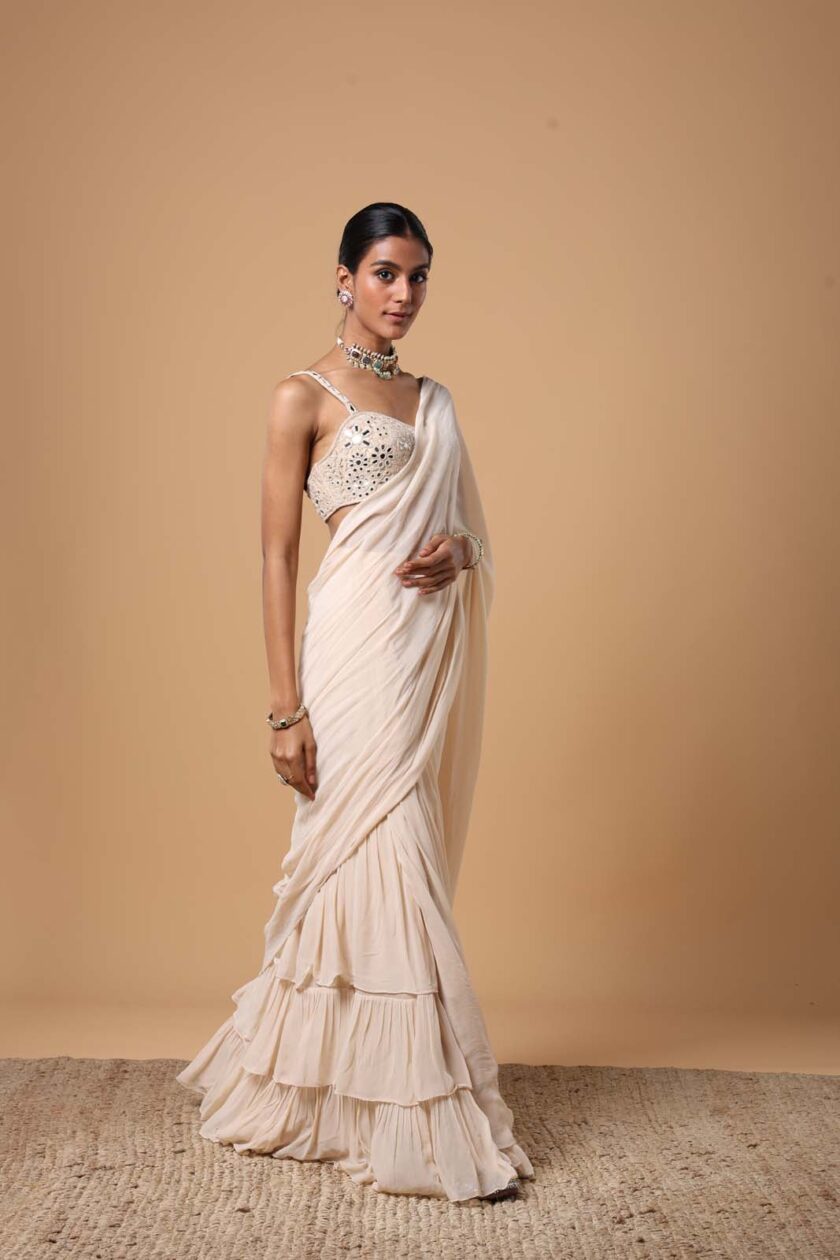 Coconut solid ruffle sari set - Image 4