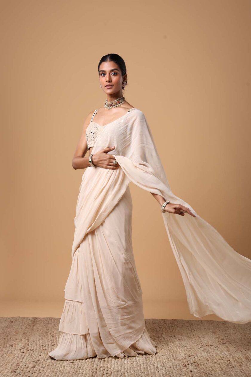 Coconut solid ruffle sari set - Image 3