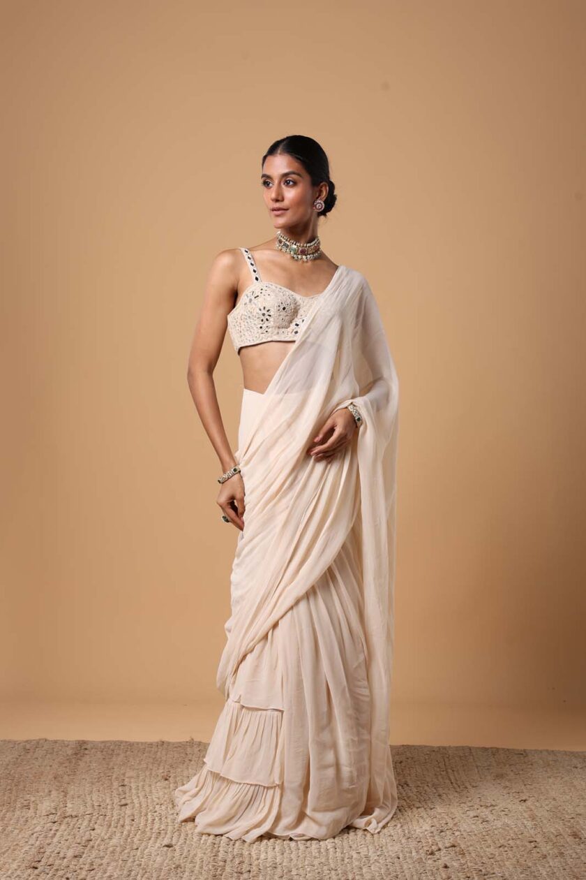 Coconut solid ruffle sari set - Image 2