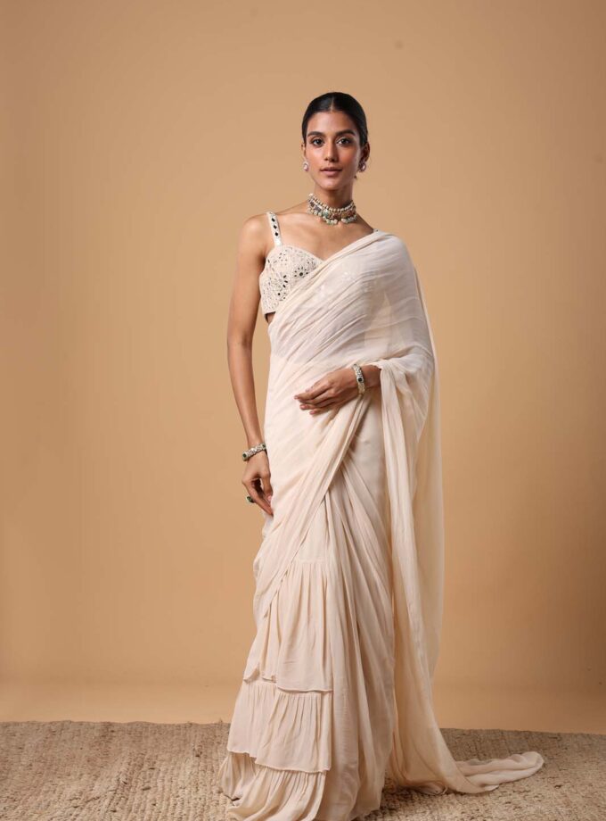 Coconut solid ruffle sari set