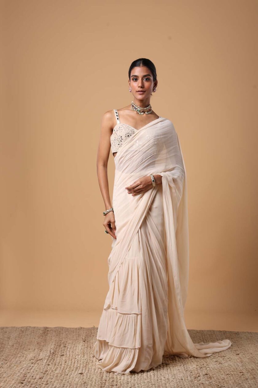 Coconut solid ruffle sari set