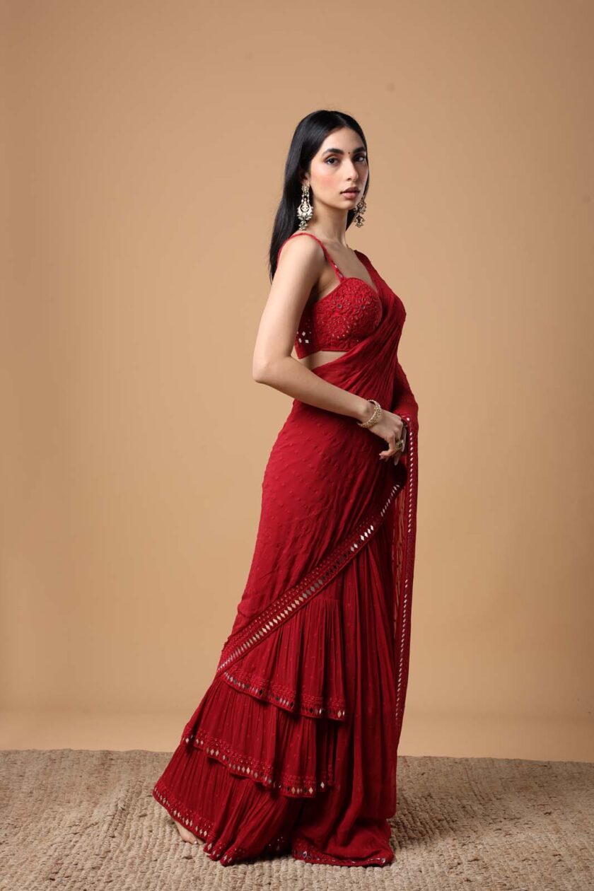 Red embriodered tiered sari set - Image 3