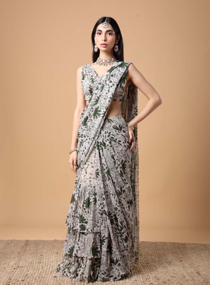 Sand & green garden print ruffle sari set