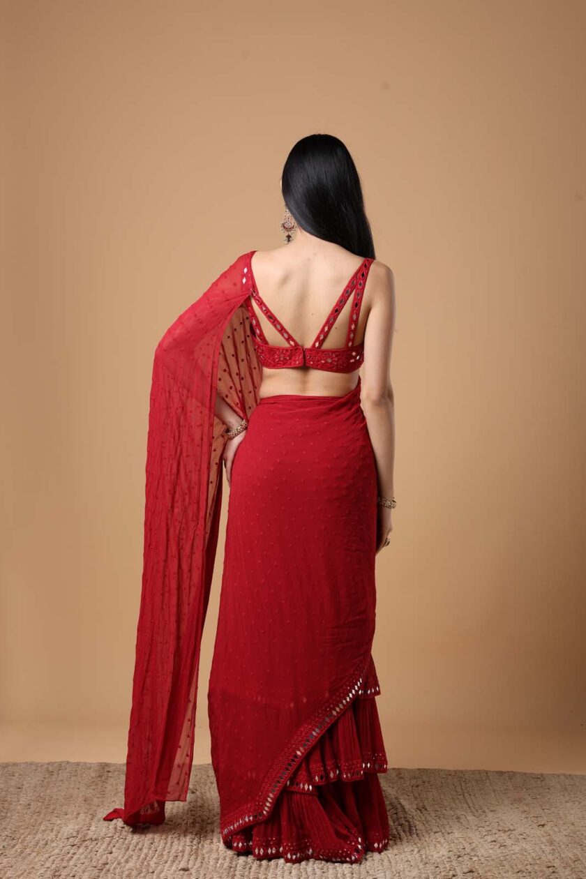 Red embriodered tiered sari set - Image 4