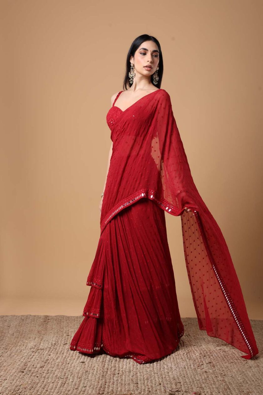 Red embriodered tiered sari set - Image 2