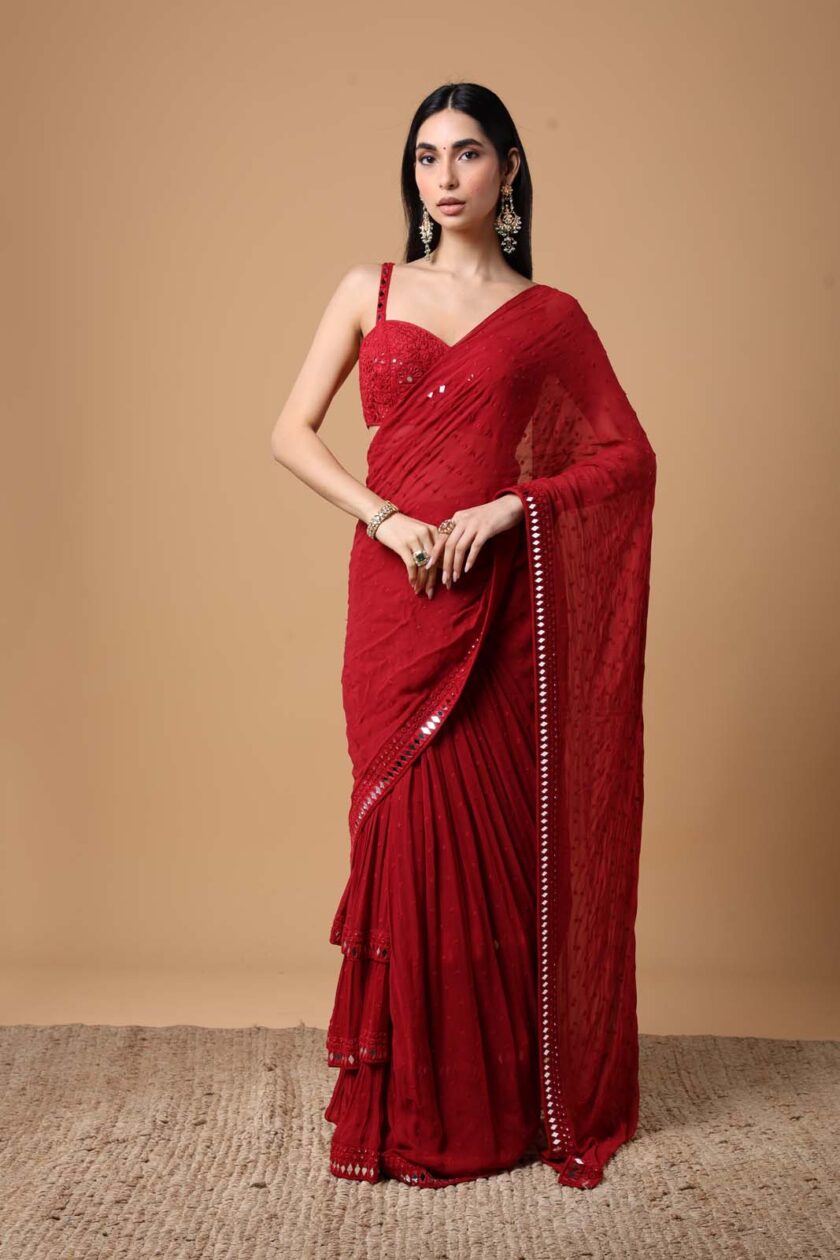 Red embriodered tiered sari set