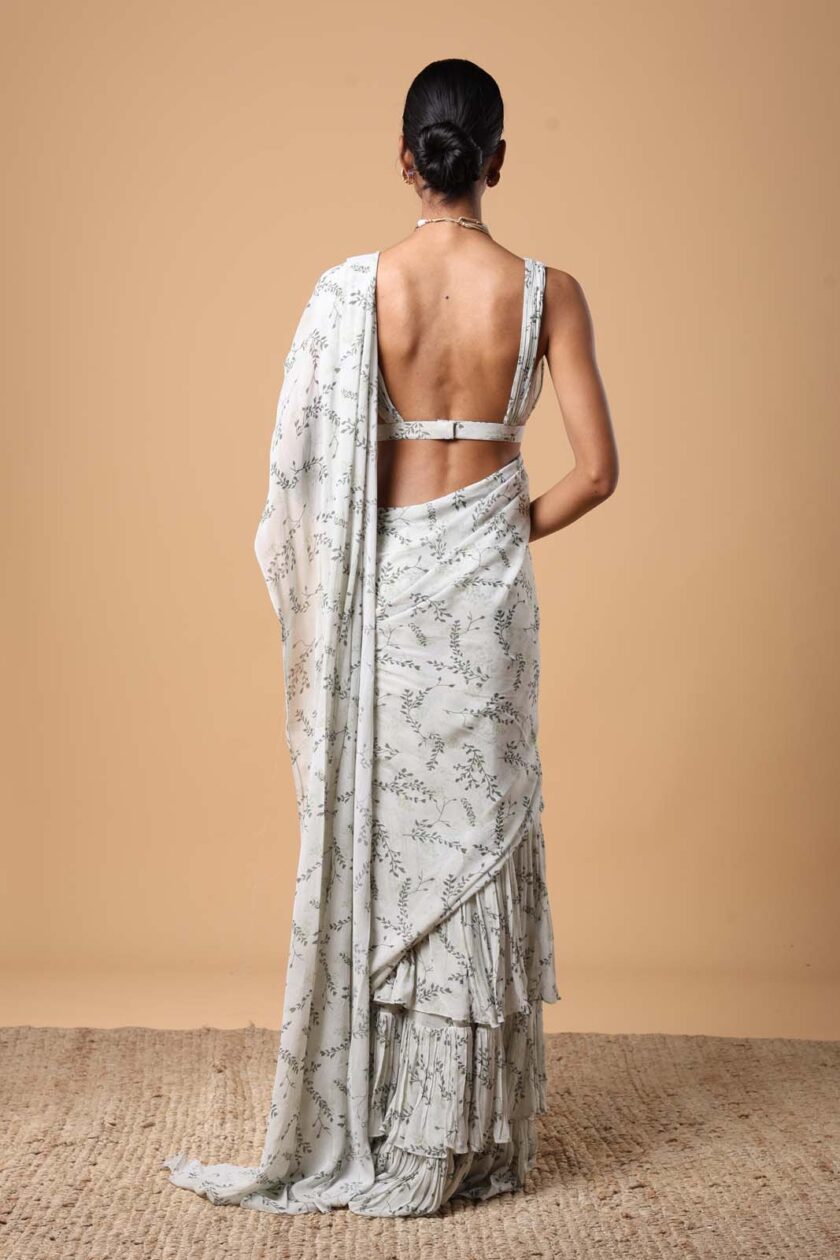 Mother of pearl & olive green twig print ruffle sari set - Image 4