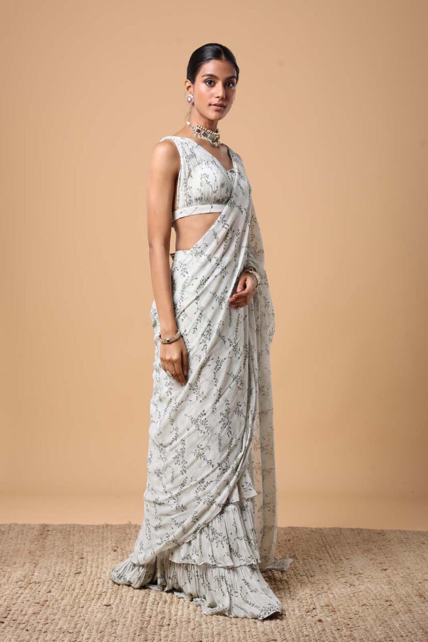 Mother of pearl & olive green twig print ruffle sari set - Image 3