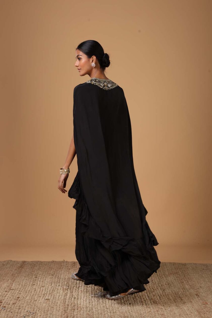 Black & beige gold hand embroidered cape set - Image 3