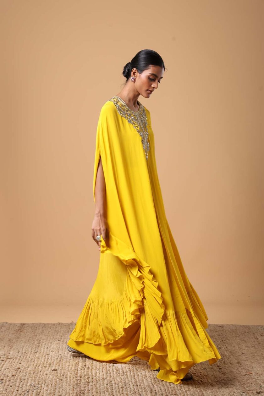 Yellow & beige gold hand embroidered cape set - Image 4