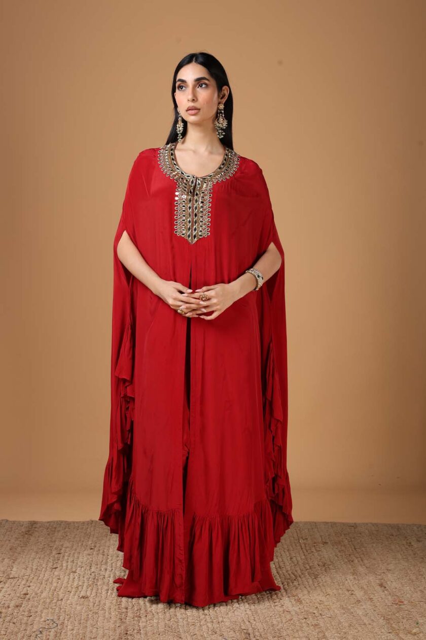 Red & beige gold hand embroidered cape set