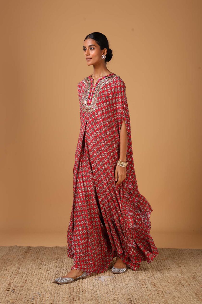 Red Butti printed hand embroidered cape set - Image 2