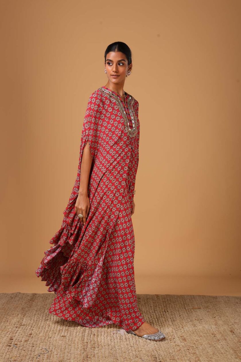 Red Butti printed hand embroidered cape set - Image 3