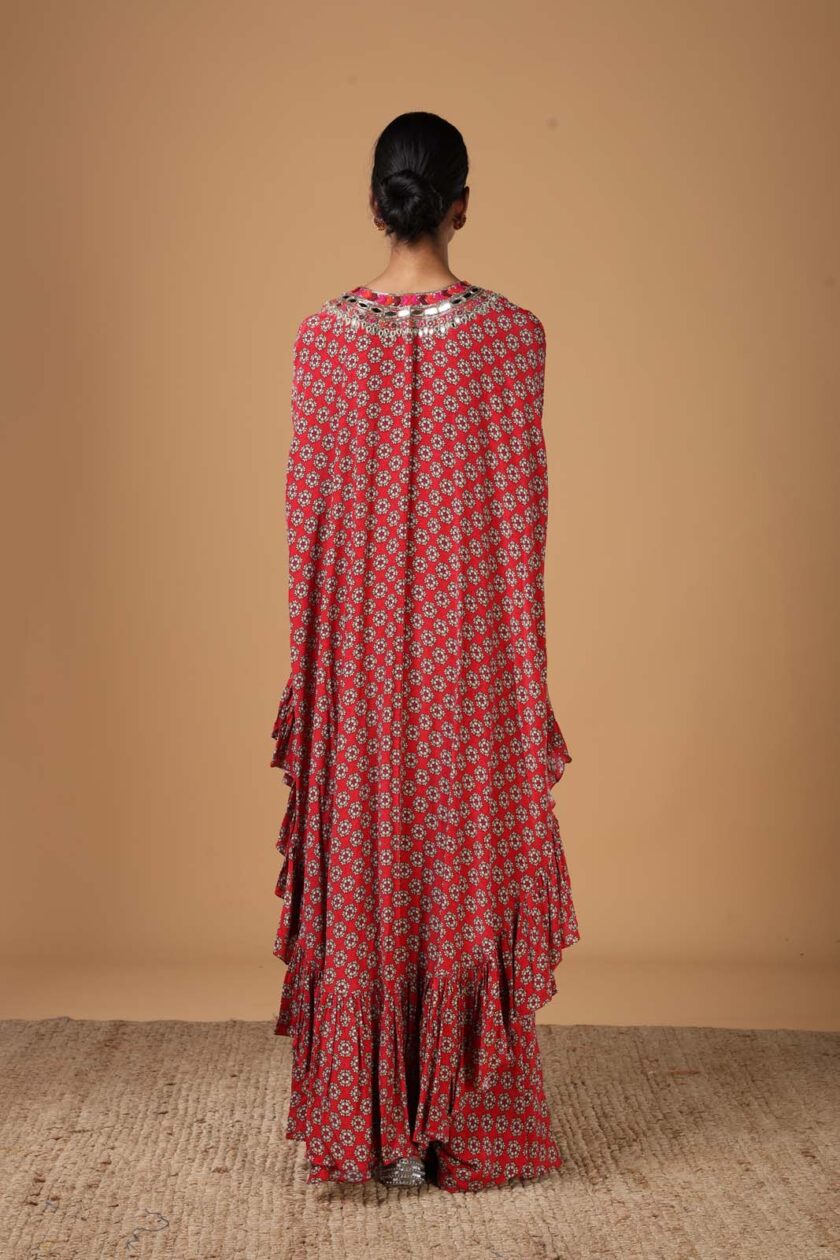 Red Butti printed hand embroidered cape set - Image 4